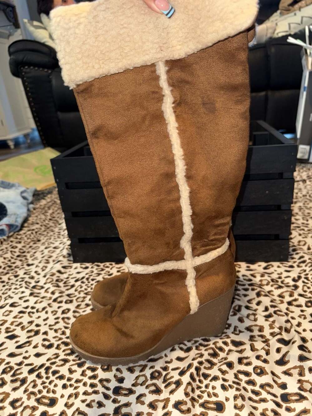 Old Navy Faux Suede Sherpa Wedge Boots Brown